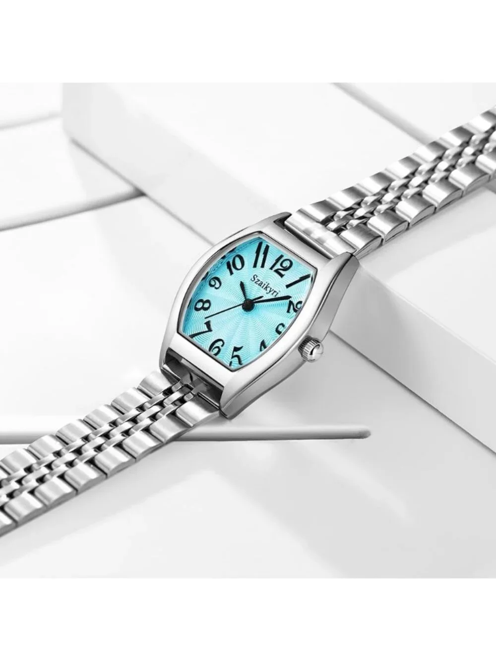 Women's Blue-Silver Barrel-Shaped Easy Read Arabic Numerals Dress Wrist Watch